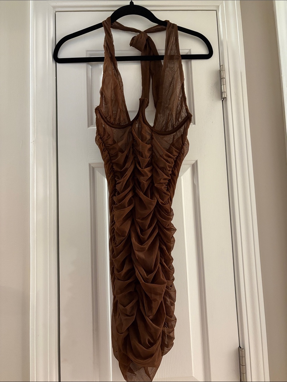 Ruched Brown Mesh Sheer Halter Dress